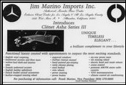The Clenet Series III Asha is advertised by Jim Marino Imports, of Pasadena, California, one of many Clenet dealers throughout the world, in 1985.