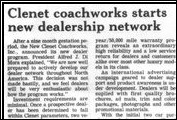 <em>Automotive News</em> reports Alfred DiMora&acute;s announcement of his plans for the rollout of the Clenet dealer network in 1985.
